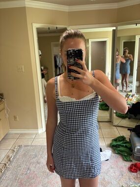 Reformation Gingham Lace-Trim Mini Dress - Navy/White